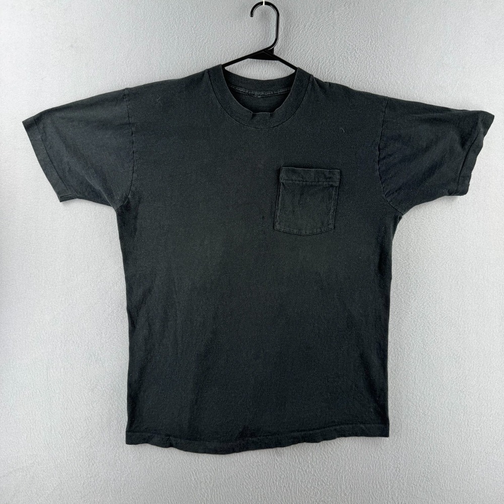 Vintage Blank T Shirt Mens XL Black Selvedge Pocket Tee USA MADE 80s Cotton